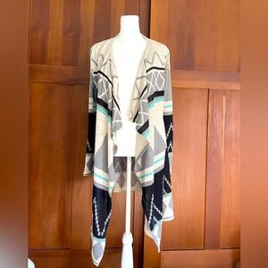 Cotton Knitted Cardigan, Tan/Black/Blue Patterning, Size S